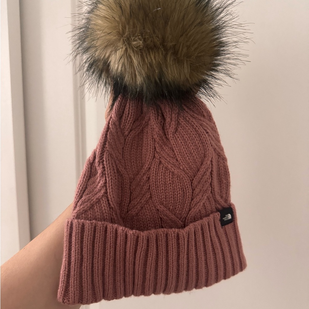 The North Face Pink Knit Beanie with Faux Fur Pom